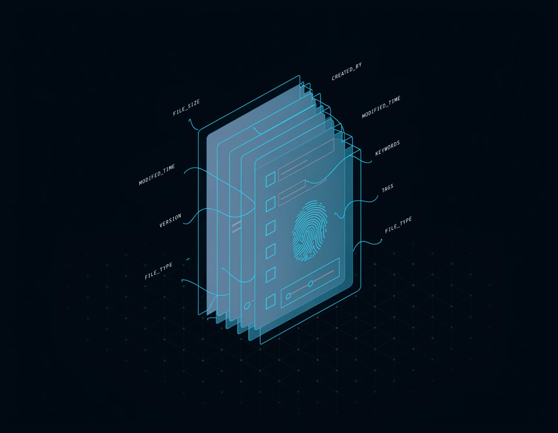 Conceptual isometric illustration of metadata forensics: a document peeling into stacked translucent file-property layers with a glowing fingerprint and signal-cyan inspection lines on deep cool-ink