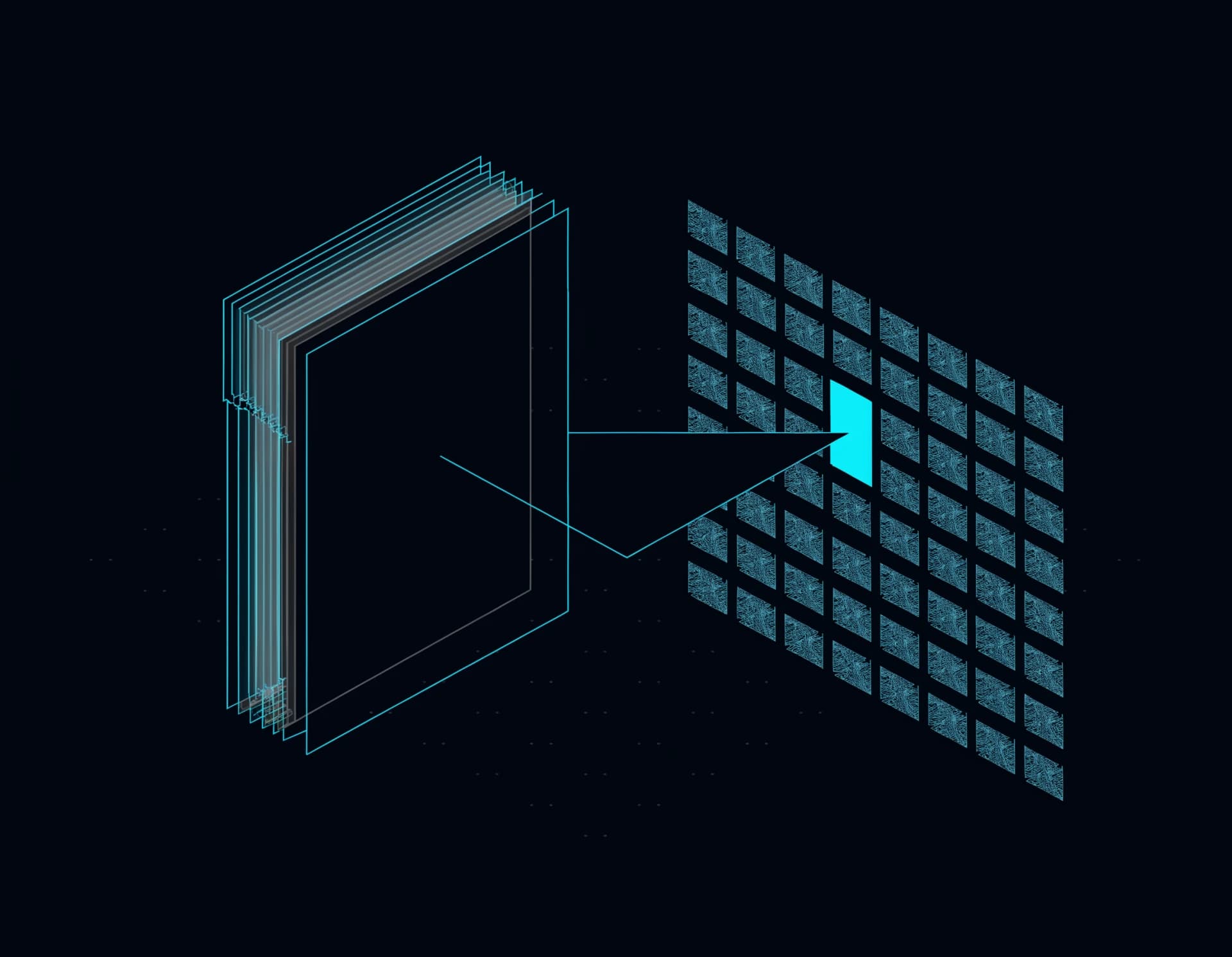Conceptual isometric illustration of known-fraud-template matching: a clean document linked by a signal-cyan match beam to one highlighted cell in a grid of dimmed known-fraud-template signatures on deep cool-ink