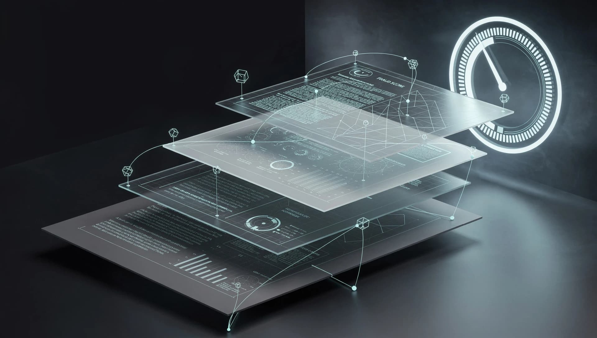A financial document fanning into translucent forensic metadata layers with signal-cyan analysis lines and a glowing fraud-score gauge on a deep cool-ink background